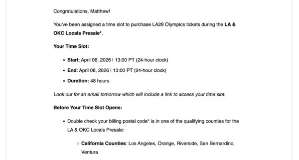 LA28 Olympic Ticket Timeslot Email