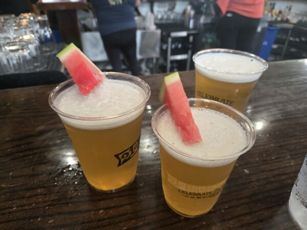 Hell or High Watermelon Beer with Watermelon slices at 21st Amendment Brewery - San Francisco, CA